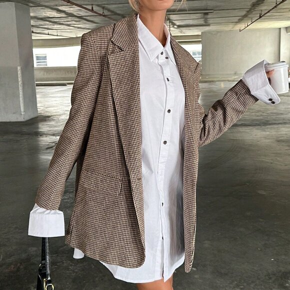 Brown Elegant Women's Lapel Collar Houndstooth Suit Jacket - Picture 2 of 5